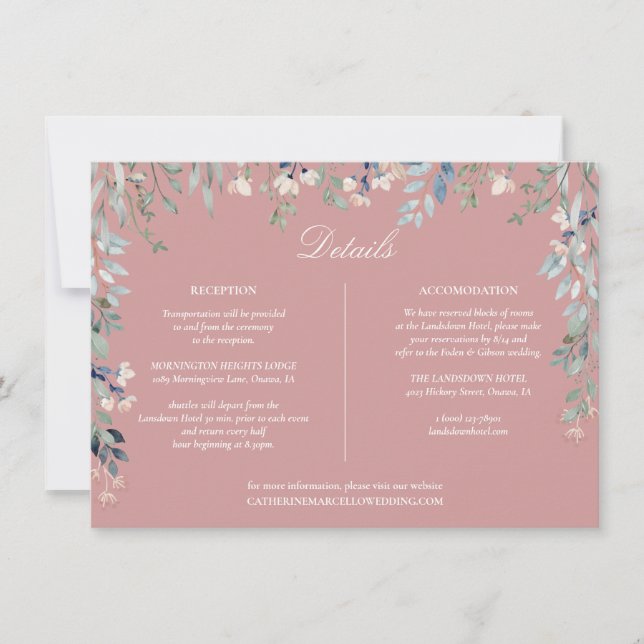 Dusty Rose Floral Cascade Wedding Details Card (Front)