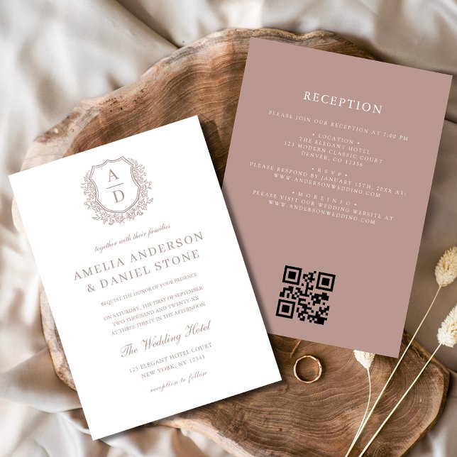 Dusty Rose Floral Crest Monogram Wedding QR Code Invitation (Creator Uploaded)