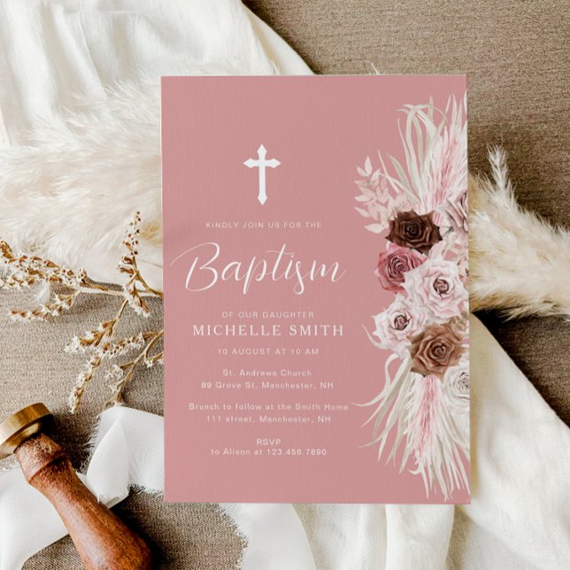 dusty rose floral cross baptism invitation (Creator Uploaded)