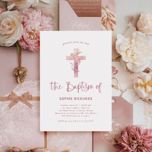Dusty Rose Floral Cross Pretty Pink Baptism Invitation