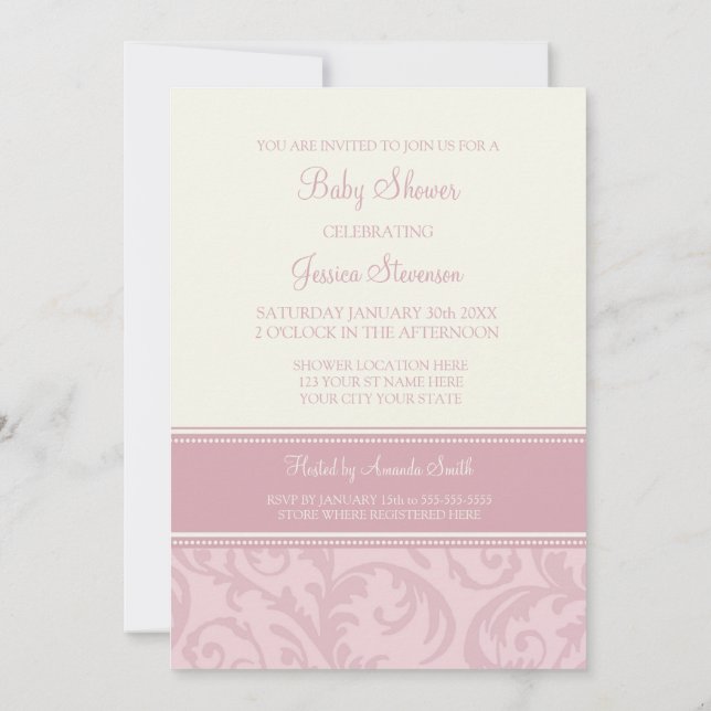 Dusty Rose Floral Custom Baby Shower Invitations (Back)