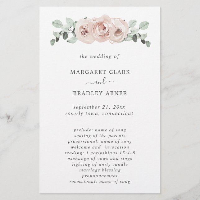 Dusty Rose Floral Elegant Budget Wedding Program Flyer (Front)
