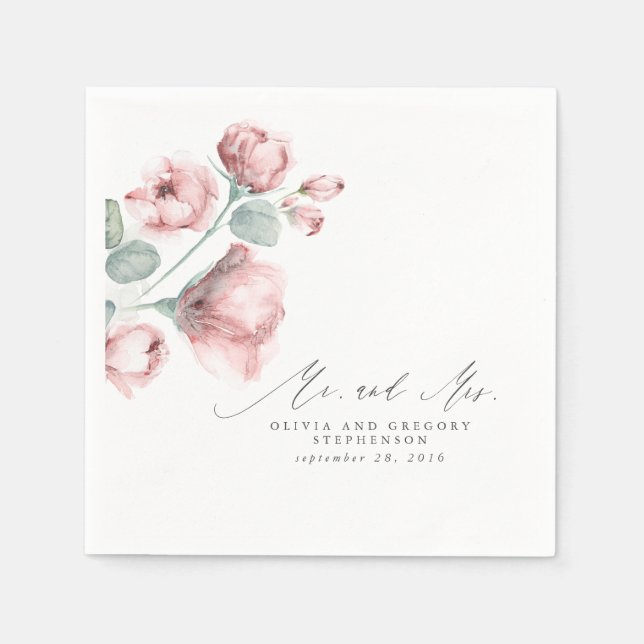 Dusty Rose Floral Elegant Mr and Mrs Wedding Napkin (Front)