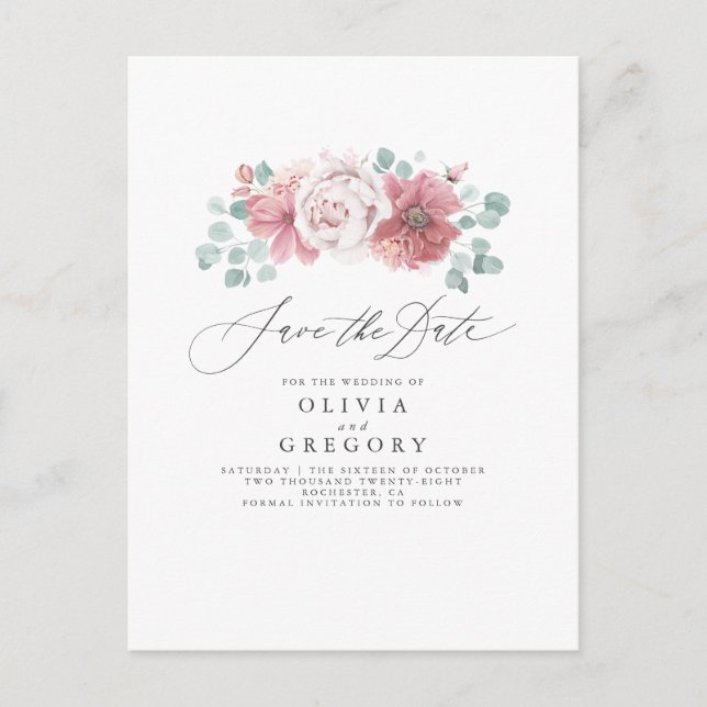 Dusty Rose Floral Elegant Save The Date Announcement Postcard (Front)