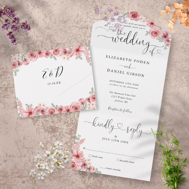 Dusty Rose Floral Elegant Script Hearts Wedding All In One Invitation (Creator Uploaded)