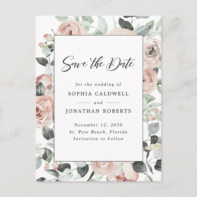 Dusty Rose Floral Eucalyptus Save the Date Announcement Postcard (Front)