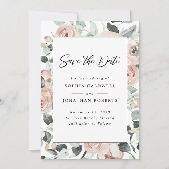 Dusty Rose Floral Eucalyptus Wedding Save The Date (Front)