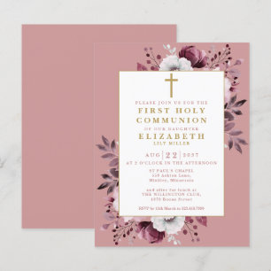 Dusty Rose Floral First Holy Communion Invitation Postcard