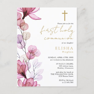 Dusty Rose Floral First Holy Communion Invitation Postcard