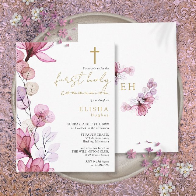 Dusty Rose Floral First Holy Communion Invitation Postcard (Dusty Rose Floral First Holy Communion Invitation Postcard)