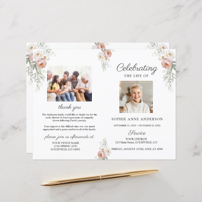 Dusty Rose Floral Funeral Service Photo Program (Front/Back In Situ)