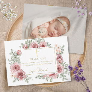 Dusty Rose Floral Gold Baptism Christening Photo Thank You Card