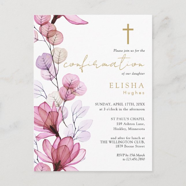 Dusty Rose Floral Gold Confirmation Invitation Postcard (Front)