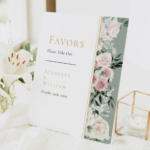Dusty Rose Floral Gold Sage Green Wedding Favours Pedestal Sign