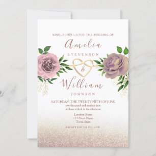Dusty Rose Floral & Gold Wedding Invitation
