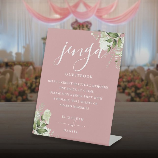 Dusty Rose Floral Greenery Jenga Wedding Guestbook Pedestal Sign (Dusty Rose Floral Greenery Jenga Wedding Guestbook Pedestal Sign)