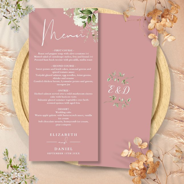 Dusty Rose Floral Greenery Monogram Wedding Dinner Menu (Dusty Rose Floral Greenery Monogram Wedding Dinner Menu)