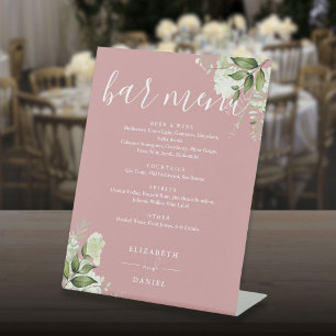 Dusty Rose Floral Greenery Wedding Bar Menu Pedestal Sign