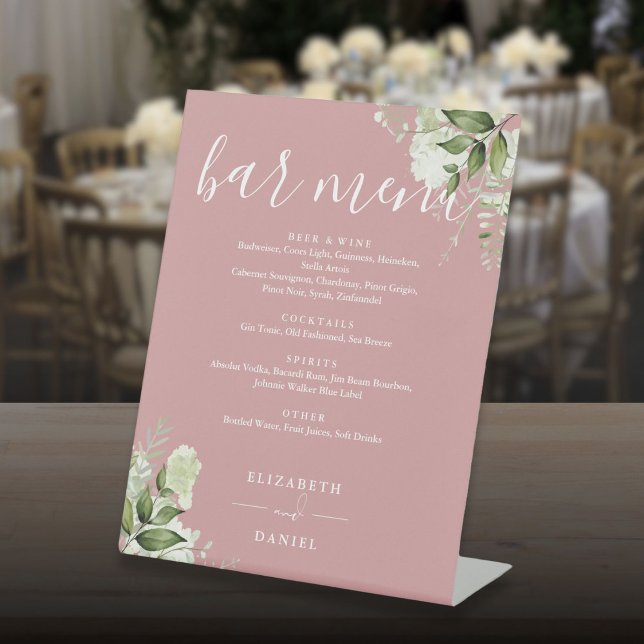 Dusty Rose Floral Greenery Wedding Bar Menu Pedestal Sign (Dusty Rose Floral Greenery Wedding Bar Menu Pedestal Sign)