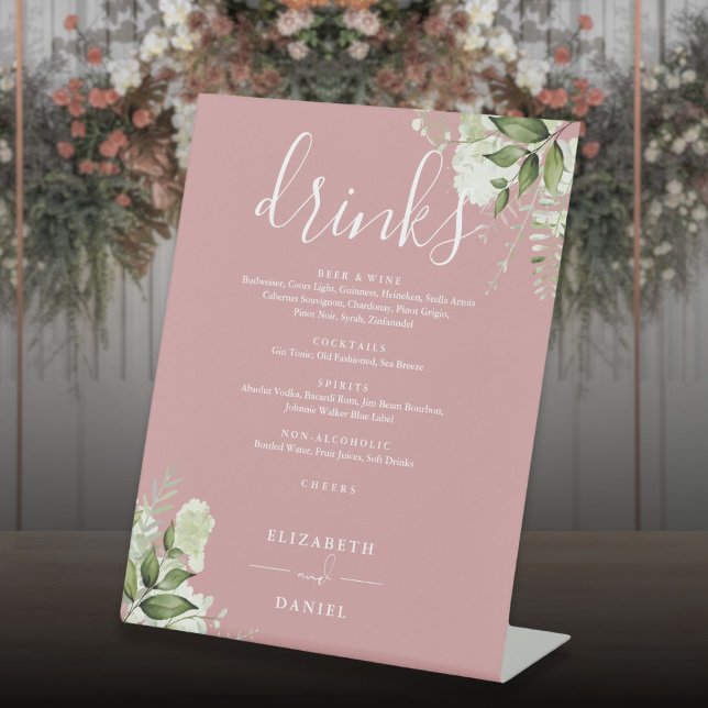 Dusty Rose Floral Greenery Wedding Drinks Menu Pedestal Sign (Dusty Rose Floral Greenery Wedding Drinks Menu Pedestal Sign)