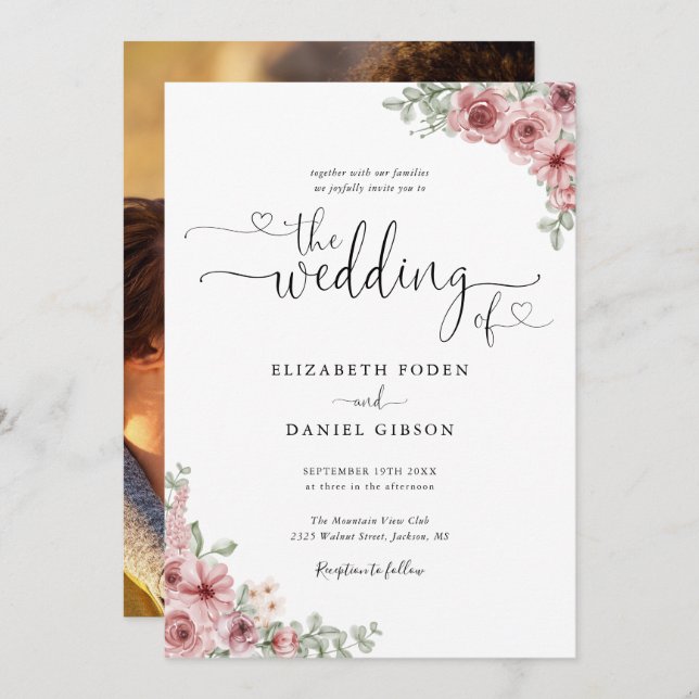Dusty Rose Floral Hearts Script Photo Wedding Invitation (Front/Back)
