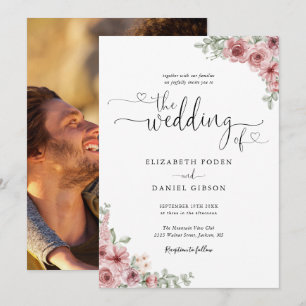 Dusty Rose Floral Hearts Script Photo Wedding Invitation
