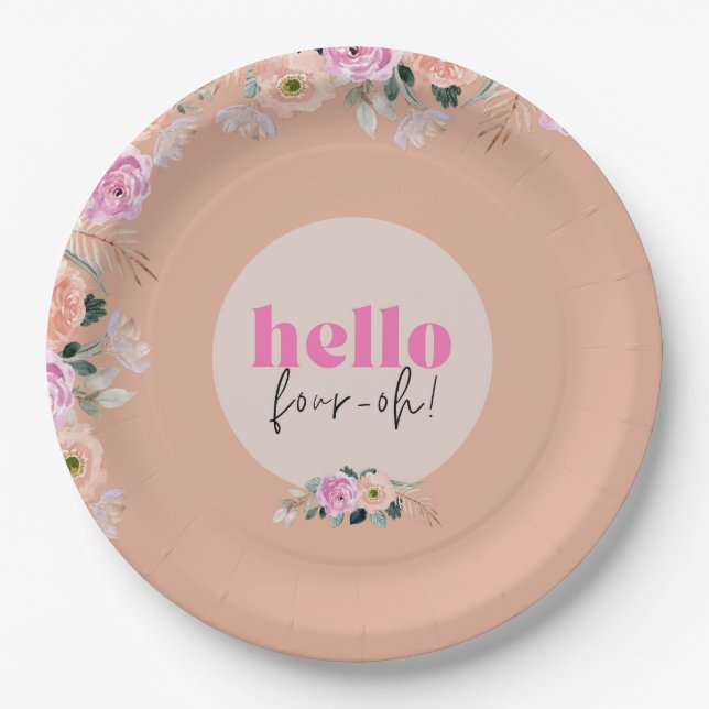 Dusty Rose floral "hello four-oh" retro Paper Plate (Front)