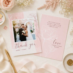 Dusty Rose Floral Line Art Photo Wedding Thank You Card