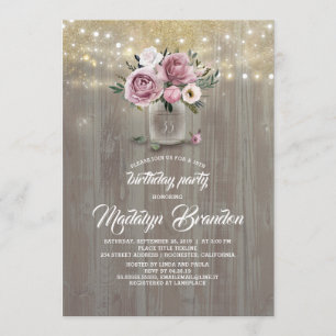 Dusty Rose Floral Mason Jar Rustic Birthday Invitation