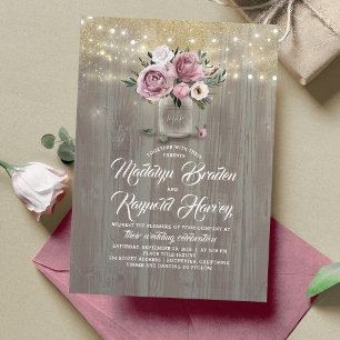 Dusty Rose Floral Mason Jar Rustic Wedding Invitation