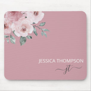 Dusty Rose Floral Modern Monogram Name Mouse Pad