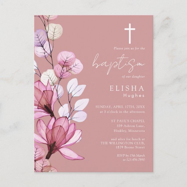 Dusty Rose Floral Monogram Baptism Invitation Postcard (Front)