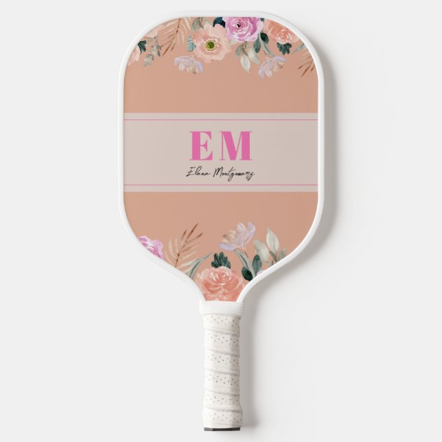 Dusty Rose floral monogrammed  Pickleball Paddle (Front)