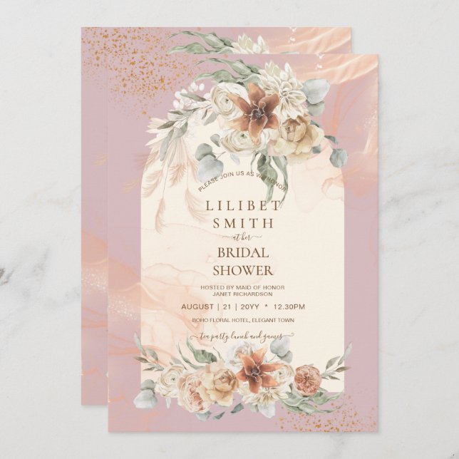 Dusty Rose Floral Pampas Grass Boho BRIDAL SHOWER (Front/Back)