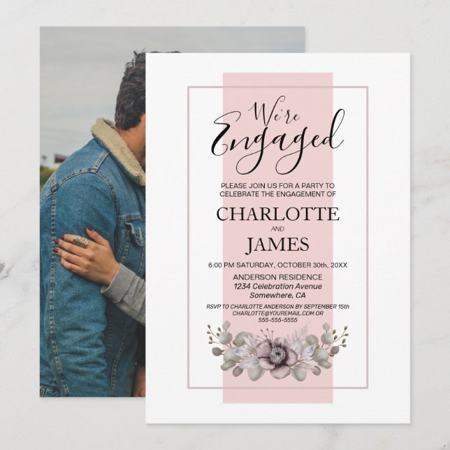 Dusty Rose Floral Photo Engagement Party Invitation (Front/Back)
