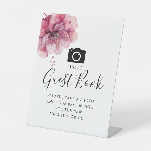 Dusty Rose Floral Photo Guest Book Wedding Pedestal Sign (Front)