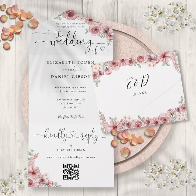Dusty Rose Floral QR Code Script Hearts Wedding All In One Invitation (Dusty Rose Floral QR Code Script Hearts Wedding All In One Invitation)