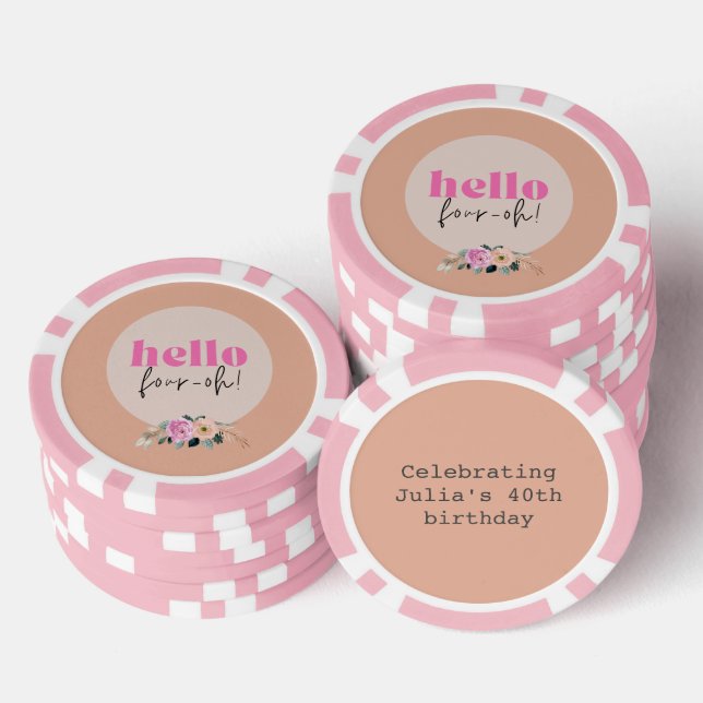 Dusty Rose floral retro "Hello four-oh!"  Poker Chips (Stack)