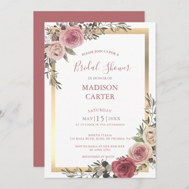 Dusty Rose Floral Rose Gold Bridal Shower Invitation (Front/Back)