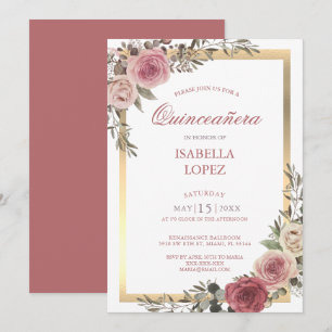 Dusty Rose Floral Rose Gold  Quinceañera  Invitation