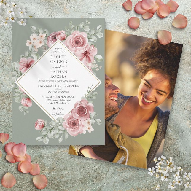 Dusty Rose Floral Sage Green Wedding Photo Invitation (Dusty Rose Floral Sage Green Wedding Photo Invitation)