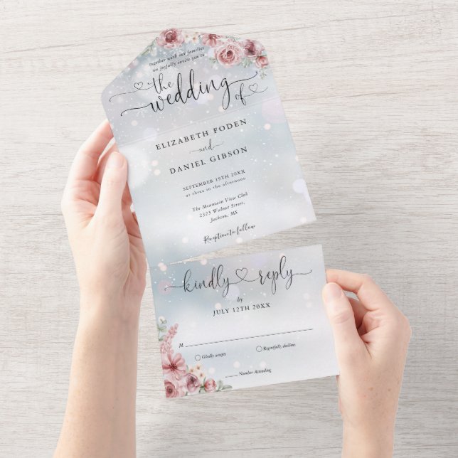 Dusty Rose Floral Script Hearts Winter Wedding All In One Invitation (Tearaway)