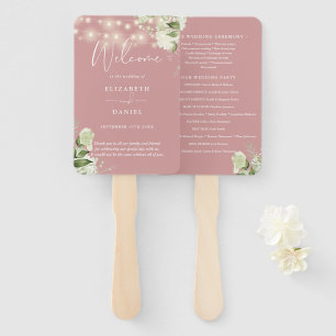 Dusty Rose Floral String Lights Wedding Program Hand Fan