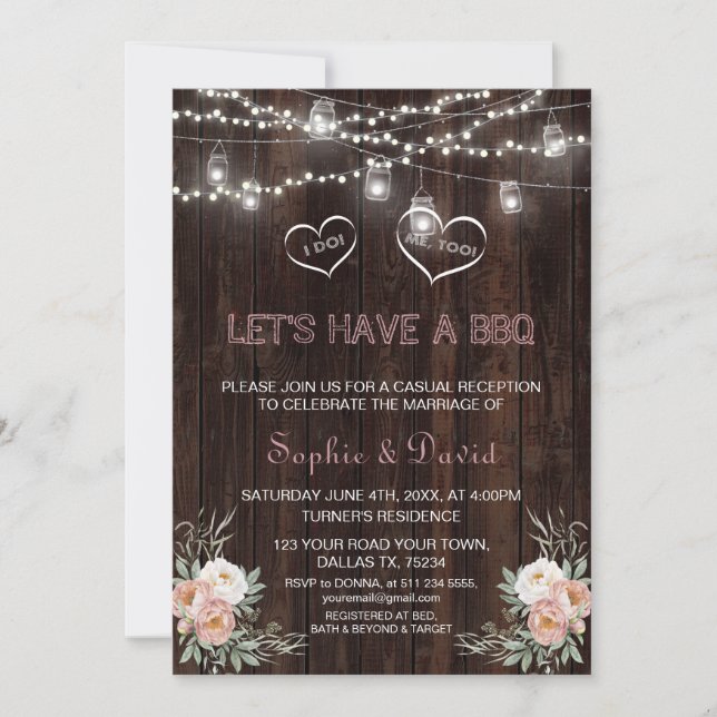 Dusty Rose Floral String Lights Wood I DO BBQ Invitation (Front)