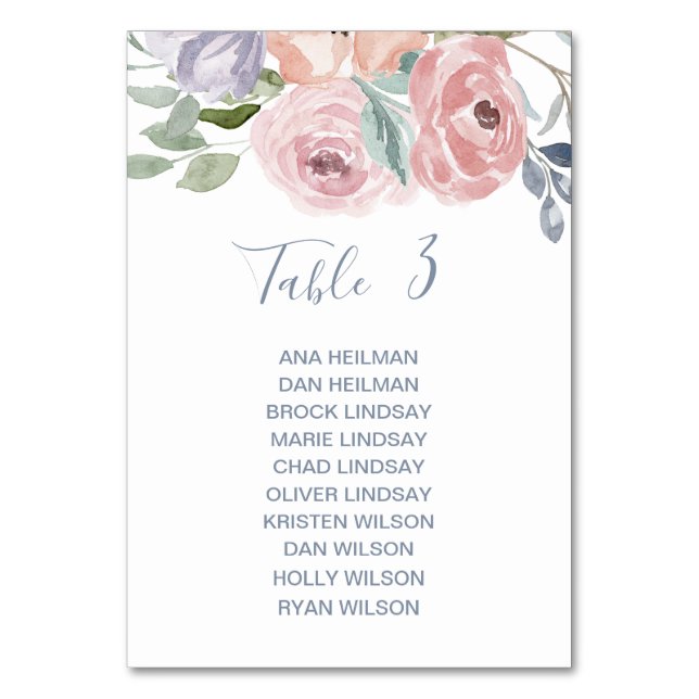 Dusty Rose Floral Table Number Seating Chart Cards (Front)