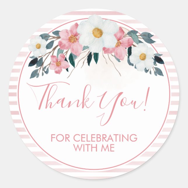 Dusty Rose Floral Thank You Classic Round Sticker (Front)