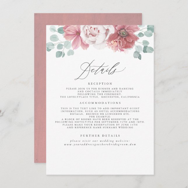 Dusty Rose Floral Wedding Information Enclosure Card (Front/Back)