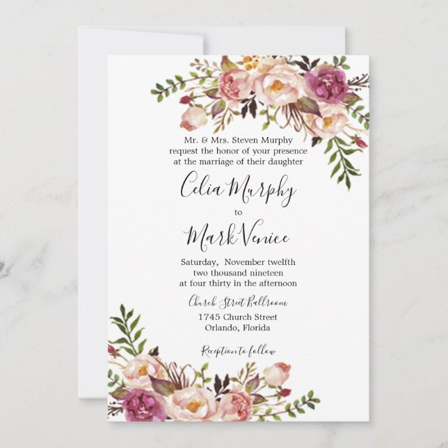 Dusty Rose Floral Wedding Invitation (Front)