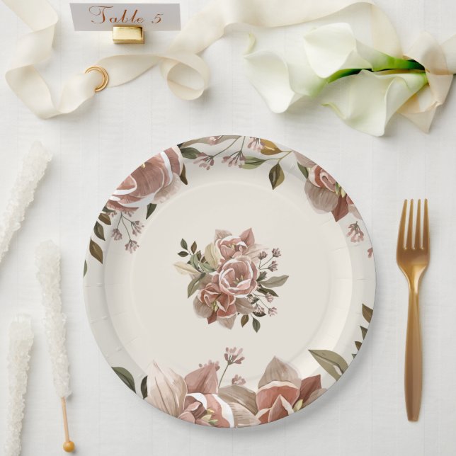 Dusty Rose Floral Wedding Paper Plate (Wedding)
