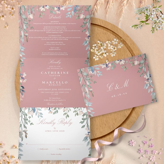 Dusty Rose Floral Wildflowers Photo Wedding Tri-Fold Invitation (Dusty Rose Floral Wildflowers Photo Wedding Tri-Fold Invitation)